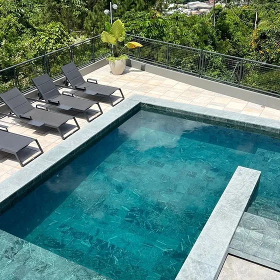 Piscina com borda em pedra e vista para a mata