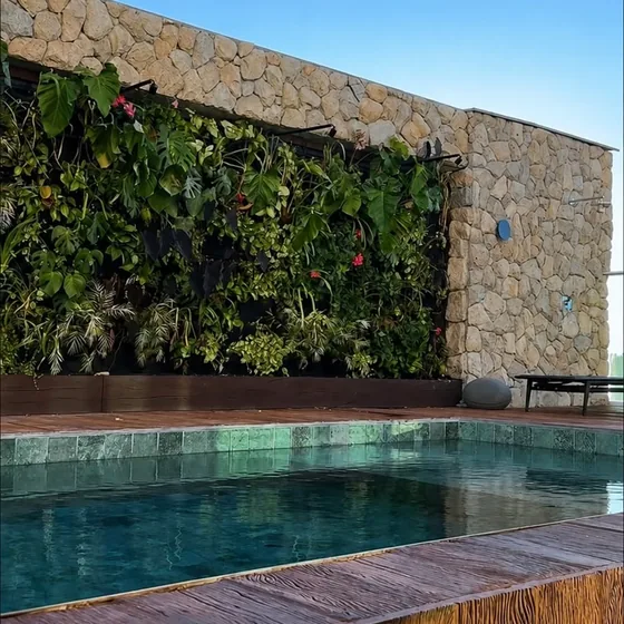 Piscina com revestimento em pedra e área externa
