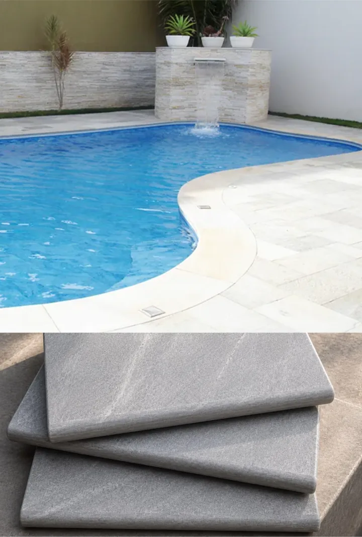 Piscina com acabamento de borda em pedra natural