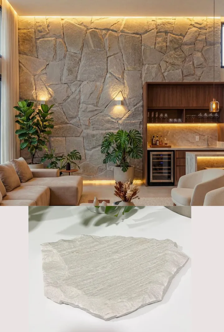 Sala de estar com parede em Pedra Inka