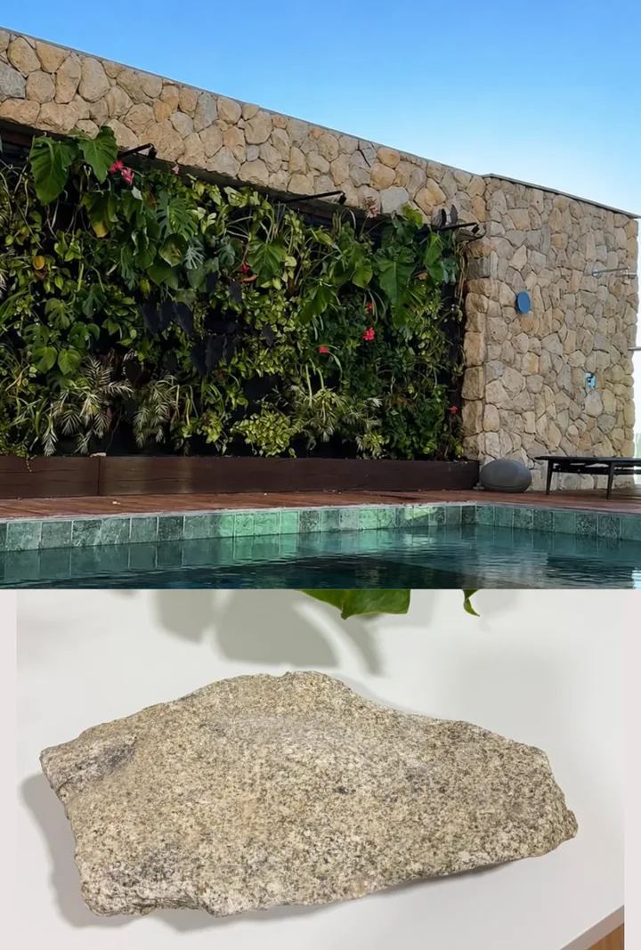 Muro em Pedra Moledo com jardim vertical e piscina